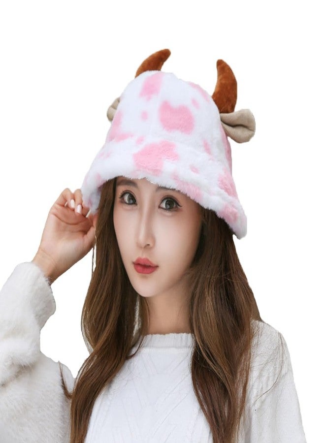 BSYLOO Funky Fuzzy Cow Print Bucket Hat with Plush Horns - Perfect for Women and Girls! Pink - Image 1